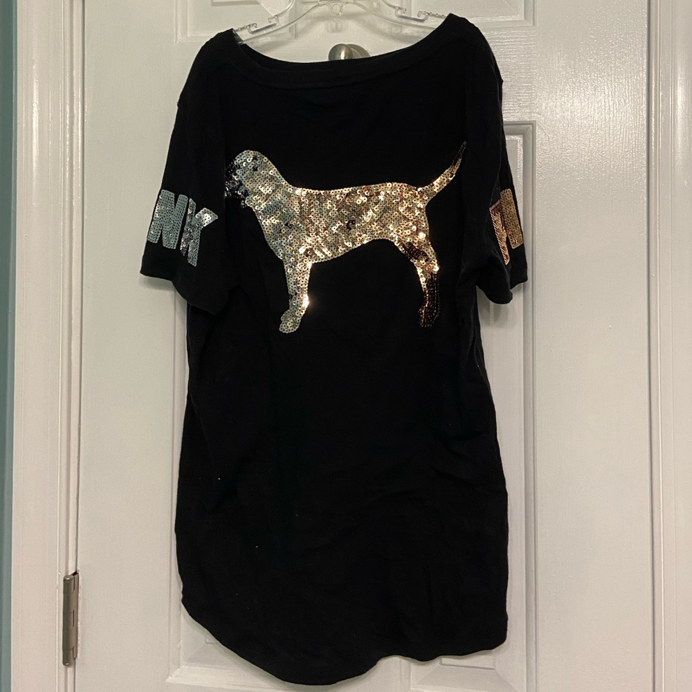 XS Victoria Secret Pink Baseball Too with gold/silver Sequin Dog on back